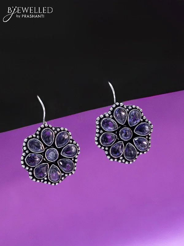 fashion earrings for women -Oxidised hanging type earring floral design with violet stones