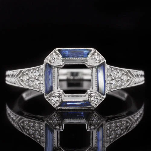 unique custom engagement rings -VINTAGE STYLE SAPPHIRE BAGUETTE DIAMOND ENGAGEMENT RING SETTING ASSCHER MOUNT