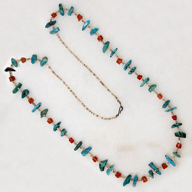 stylish modern necklaces for women -Long Turquoise, Coral & Heishi Bead Necklace