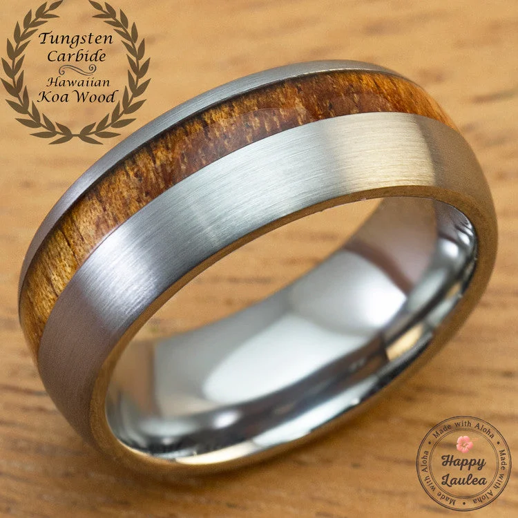 Tungsten Carbide Brush Finish Ring with Offset Hawaiian Koa Wood Inlay - 8mm, Dome Shape, Comfort Fitment