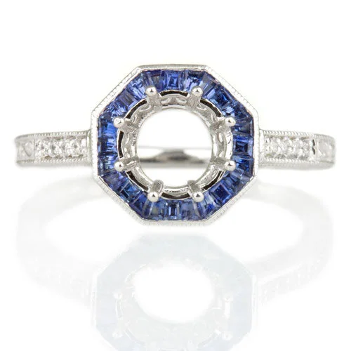 stackable engagement rings -VINTAGE STYLE BLUE SAPPHIRE HALO DIAMOND MOUNT ENGAGEMENT RING ROUND SETTING 14K