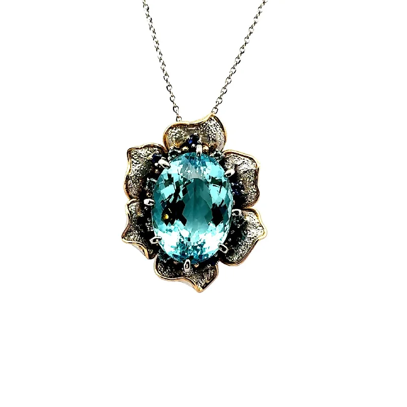 silver chain necklaces for women -24.34 Carat Aquamarine Diamond Sapphire Platinum & 18k Yellow Gold Flower Pendan