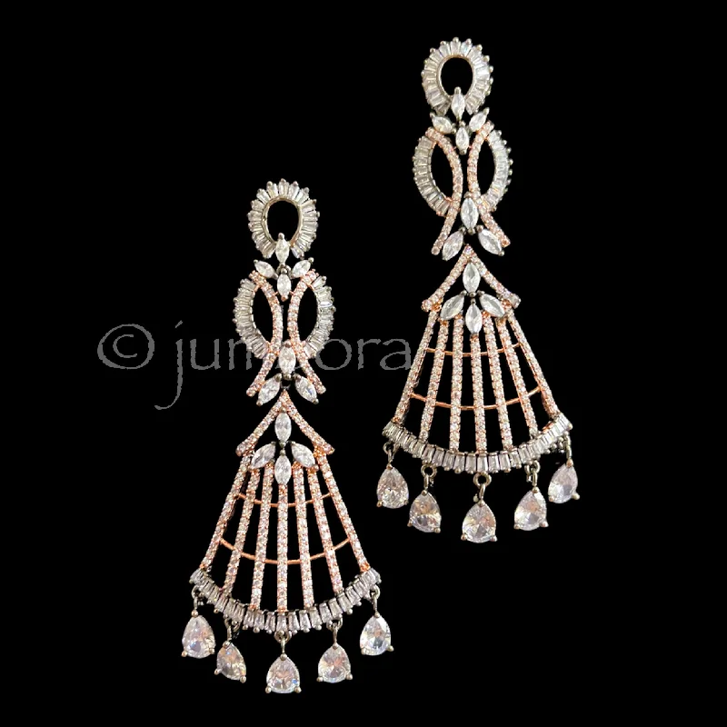 long dangle earrings for women -Victorian Rose gold Long AD Zircon (CZ) Earrings