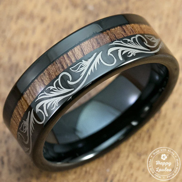 Black Tungsten Scroll Pattern Ring with Offset Hawaiian Koa Wood Inlay - 8mm, Flat Shape, Comfort Fitment