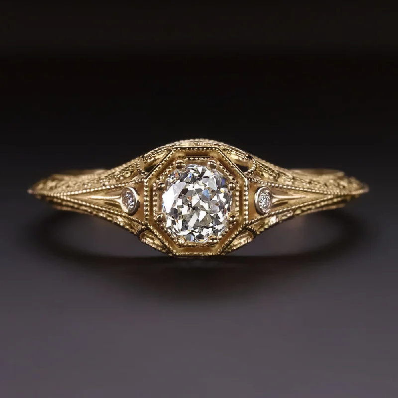 engagement rings with vintage style -OLD MINE CUT DIAMOND ENGAGEMENT RING VINTAGE STYLE FILIGREE YELLOW GOLD 0.42ct