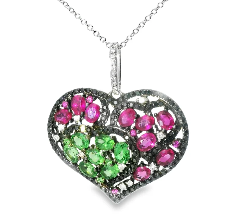 gold pendant necklaces for women -Gorgeous 18K Black White Gold Diamond Red Green Sapphire Heart Pendant Necklace