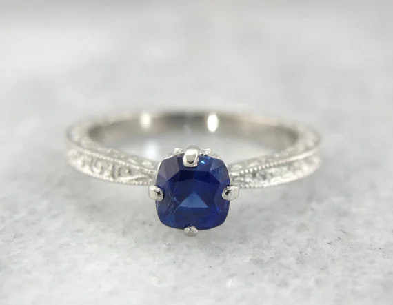 women’s princess cut engagement rings -Vintage Palladium Engagement Ring with Cushion Cut Blue Sapphire