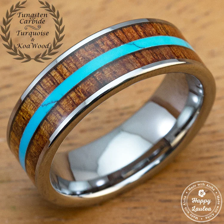 Tungsten Carbide Wedding Ring with Mid Strip Turquoise and Hawaiian Koa Wood Inlay - 8mm, Flat Shape, Comfort Fitment