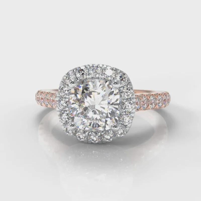 platinum engagement rings -Micropavé Cushion Cut Diamond Halo Engagement Ring - Two Tone Rose Gold