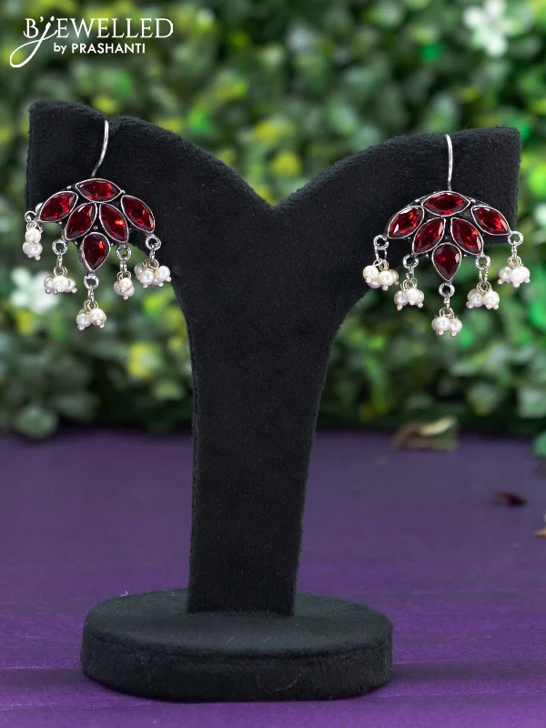 modern silver earrings for women -Oxidised hanging type earring with maroon stones and pearl hanhing