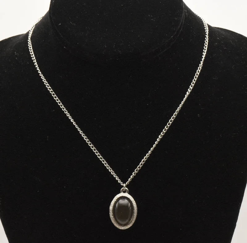 charm pendant necklaces for women -Silver Tone Metal Gray Glass Cabochon Pendant on Chain Necklace - 16"