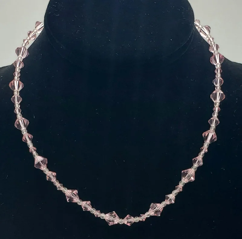 vintage necklaces for women -Faceted Cut Crystal Pink Glass Beaded Necklace with 10kt Gold Clasp - 16.5"