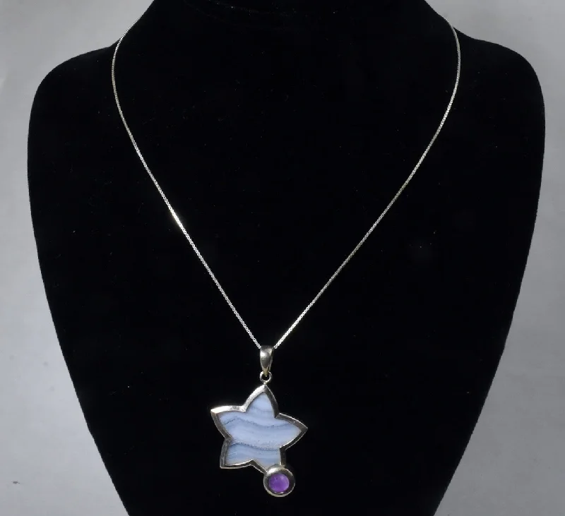 handcrafted necklaces for women -Sterling Silver Blue Lace Agate and Amethyst Star Pendant on Sterling Silver Chain Necklace