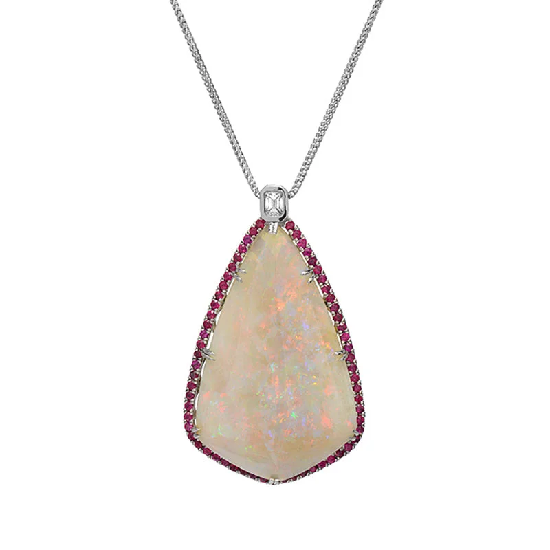 women’s necklaces -Australian Opal Ruby Diamond Platinum Pendant, GIA