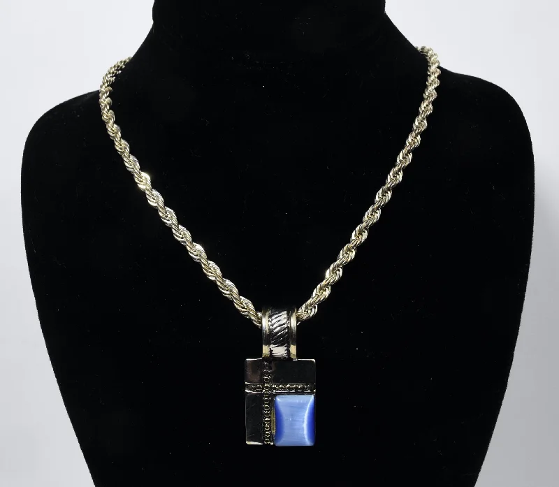 layered chain necklaces for women -Heavy Sterling Silver Rope Chain Link Necklace with Silver Tone Simulated Kyanite Pendant - 24"