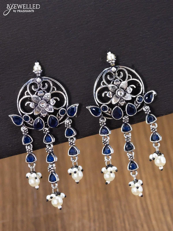 custom-designed hoop earrings -Oxidised earring floral design with sapphire stone and pearl hangings