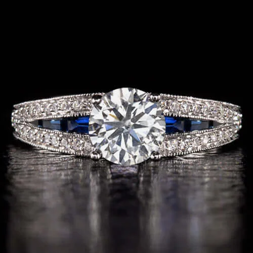 bold engagement rings -0.80ct CERTIFIED E SI2 DIAMOND ENGAGEMENT RING SAPPHIRE VINTAGE STYLE ART DECO