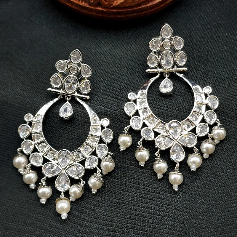 fashion-forward earrings for women -White Silver Finish AD Zircon Chaandbali Earring