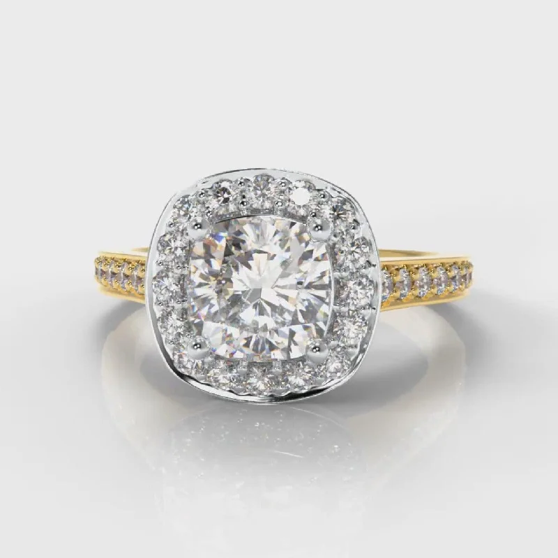 bespoke engagement rings -Pavé Cushion Cut Diamond Halo Engagement Ring - Two Tone Yellow Gold