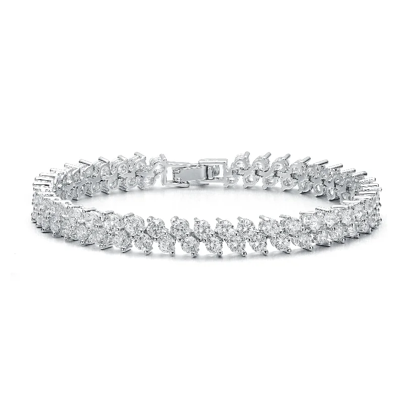 stylish rings for women -Sterling Silver with Diamond Cubic Zirconia 2-Stone Cluster Link Tennis Bracelet