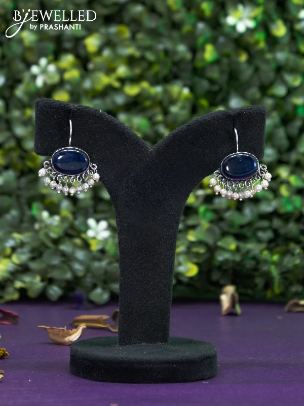 delicate earrings for women -Oxidised hanging type earring with sapphire stones and pearl hanging