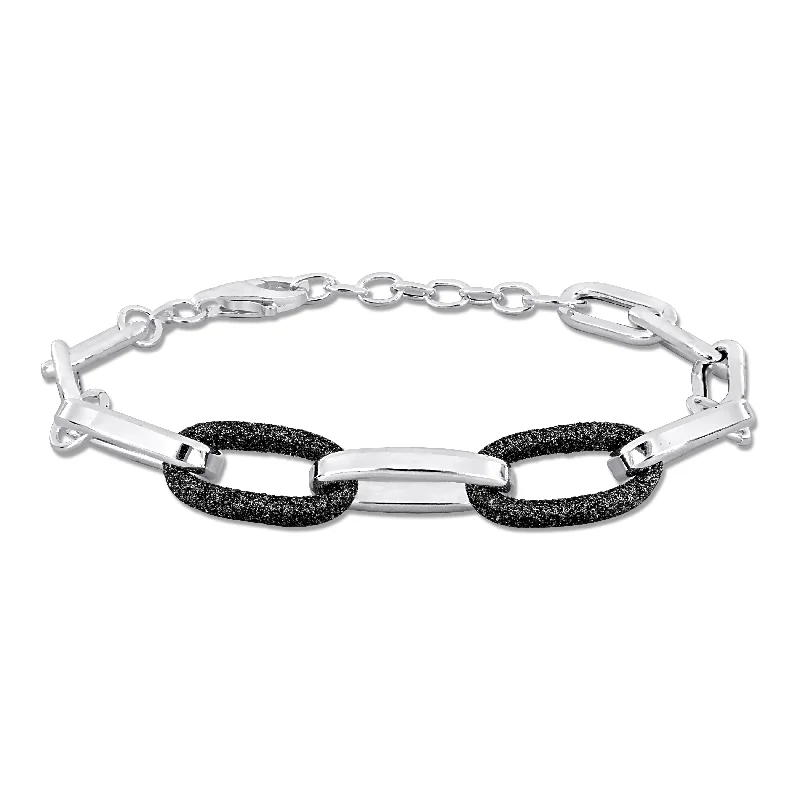 luxury rings for women -Mimi & Max Oval Link Bracelet w/ Black Sparkle Enamel in Sterling Silver - 8+1 in.