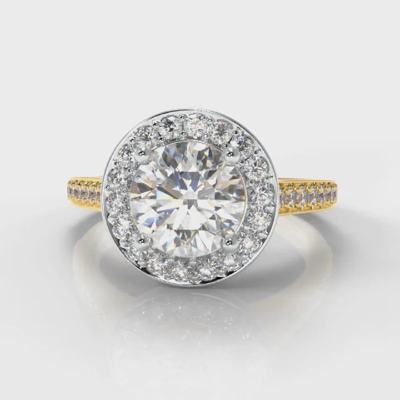 women’s radiant cut engagement rings -Pavé Round Brilliant Diamond Halo Engagement Ring - Two Tone Yellow Gold