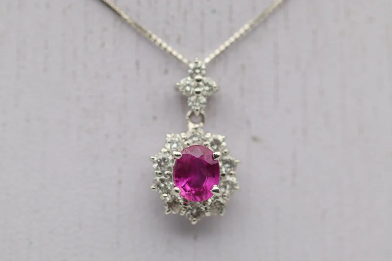 fashion necklaces for women -Pink Sapphire Diamond Halo Gold Drop Pendant