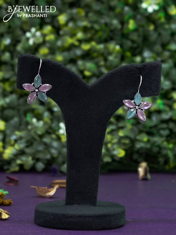 women’s sparkling earrings -Oxidised hanging type earring floral design with mint green and baby pink stones