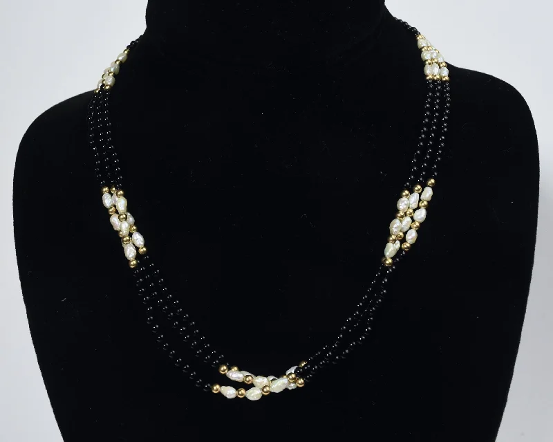 luxury necklaces for women -14k Gold, Black Onyx and Freshwater Pearl Triple Strand Necklace