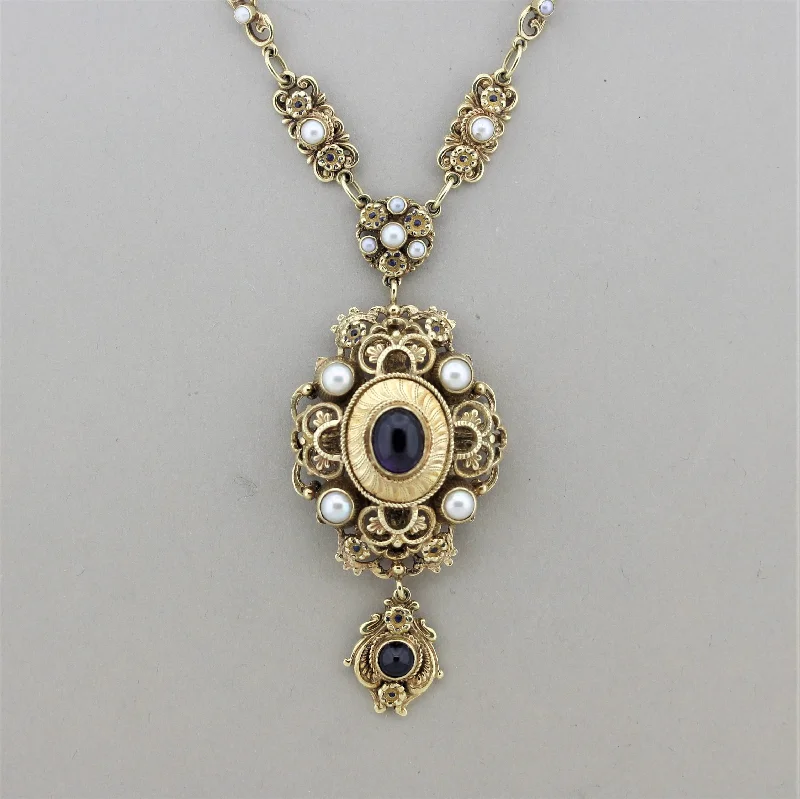 gold pendant necklaces for women -Vintage Antique-Style Amethyst Pearl Gold Drop Necklace