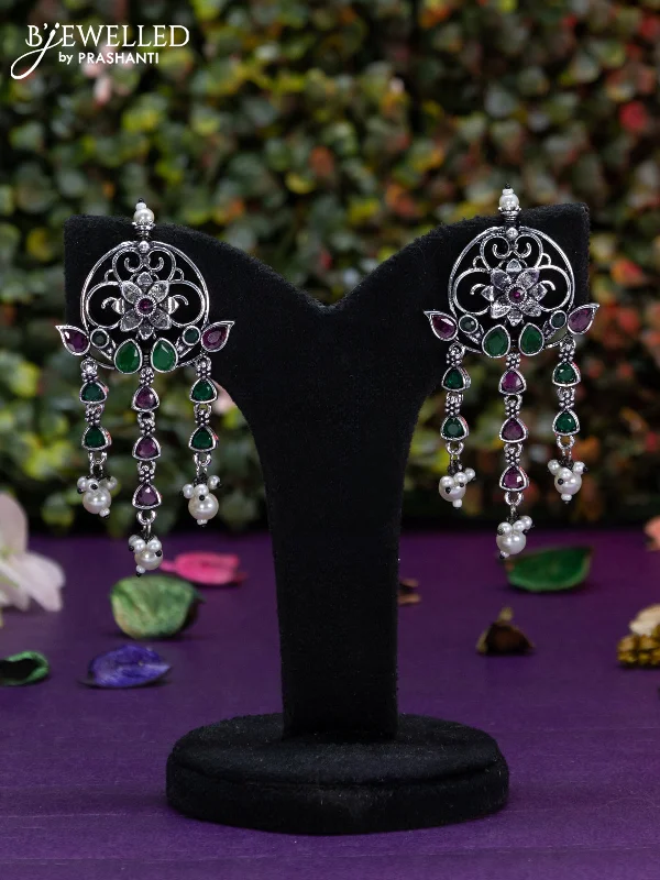 stud earrings for women -Oxidised earring floral design with kemp stones and pearl hangings