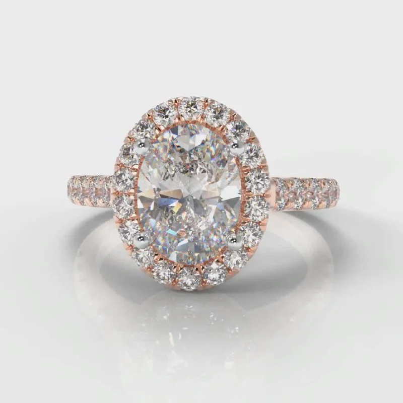 solitaire engagement rings -Micropavé Oval Diamond Halo Engagement Ring - Rose Gold