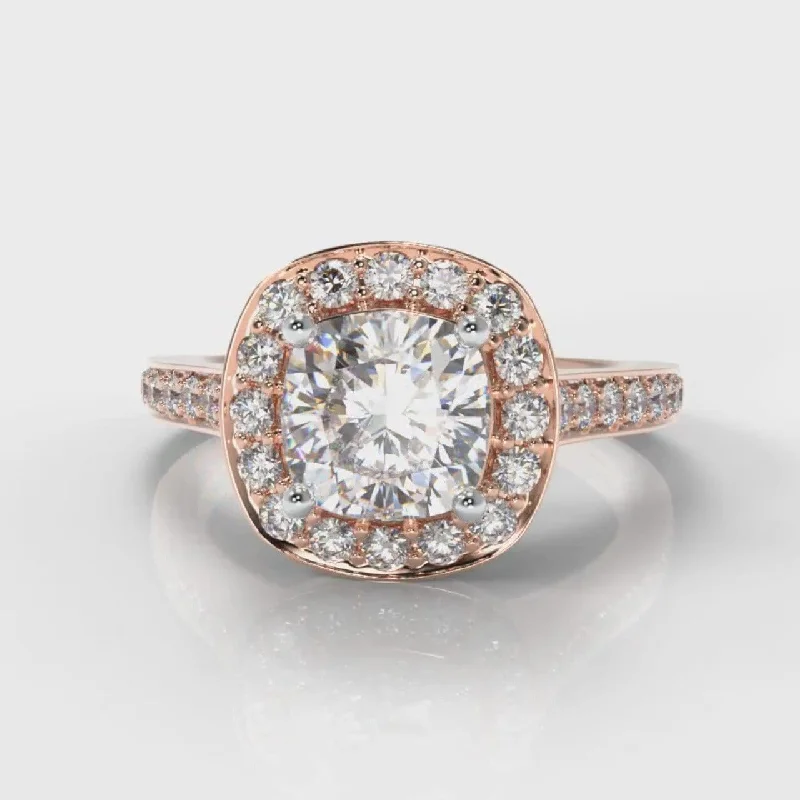 affordable solitaire engagement rings -Pavé Cushion Cut Diamond Halo Engagement Ring - Rose Gold