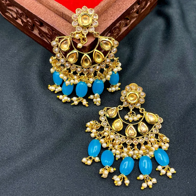 fashion-forward earrings for women -Blue Golden Kundan Polki Chandbali Earring