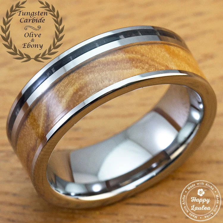 Tungsten Carbide Ring with Olive and Ebony Wood Inlay