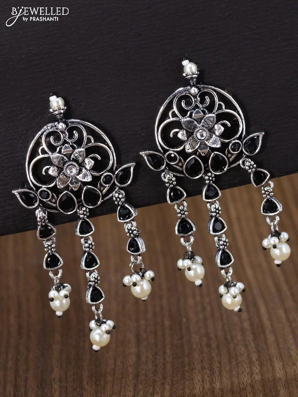 elegant hoop earrings -Oxidised earring floral design with black stone and pearl hangings