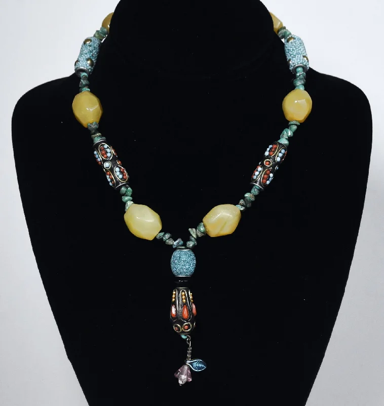 stylish modern necklaces for women -Ornate Colorful Beaded Necklace with Turquoise Chips