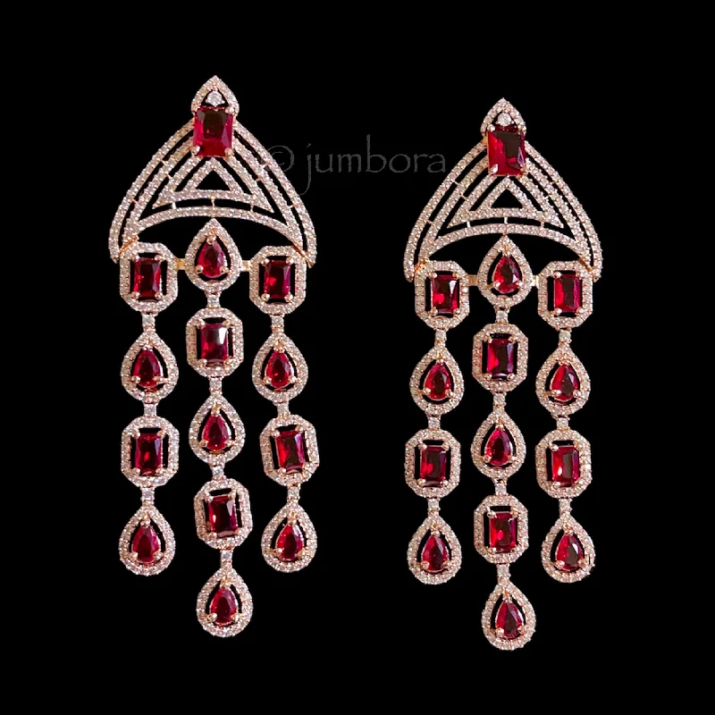 teardrop earrings for women -Statement Long Rose Gold AD Zircon (CZ) Red Earring