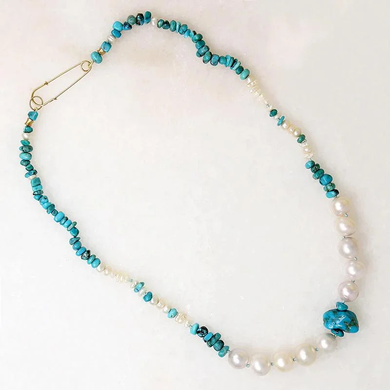 hand-crafted gold necklaces for women -Turquoise & Pearl Necklace with Safety Pin by Ancient Influences