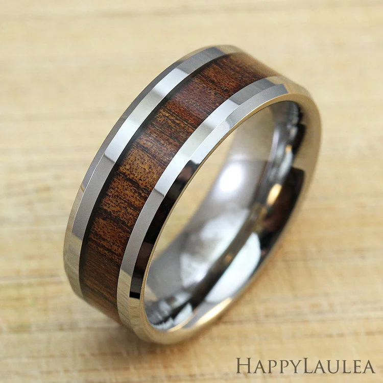 Tungsten Carbide Beveled Edge Ring with Koa Wood Inlay, 8mm, Flat Shape, Comfort Fitment