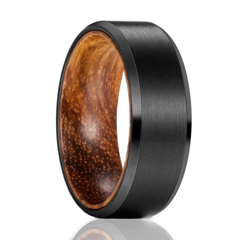 Men's Beveled Black Tungsten Wedding Band with Zebra Wood Sleeve - 6mm & 8mm