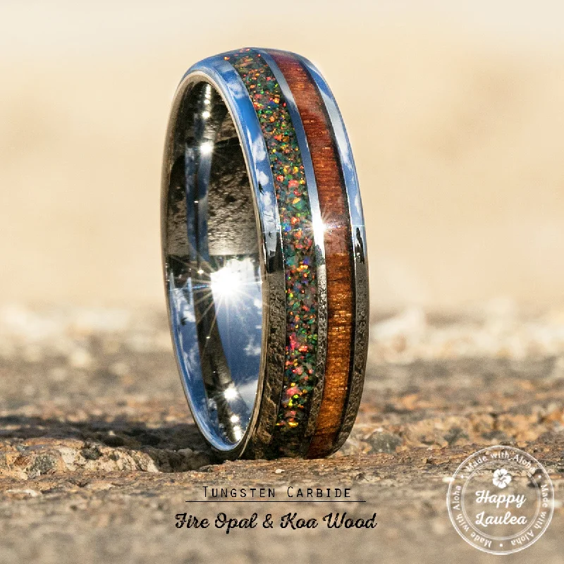 Tungsten Carbide Ring with Crushed Fire Opal & Hawaiian Koa Wood Duo Inlay - 6mm, Dome Shape, Comfort Fitment