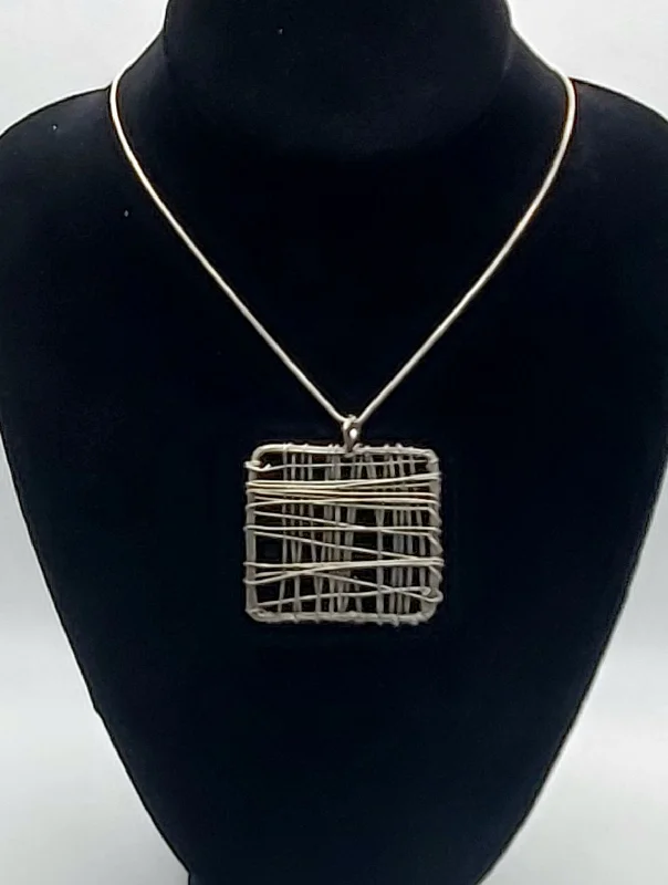 matching necklaces for couples -Handmade Wire Wrapped Square Pendant on Silver Tone Chain Necklace - 17"