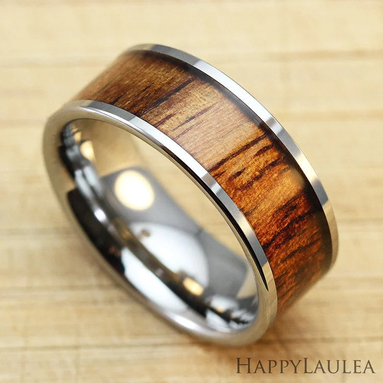 Tungsten Carbide Ring with Koa Wood Inlay - 8mm, Flat Shape, Comfort Fitment