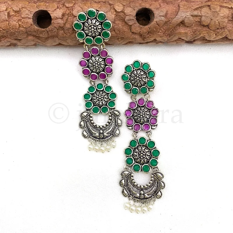 fashion earrings for women -Exquisite Long Oxidized Silver Earring with Ruby Red and Green Stone