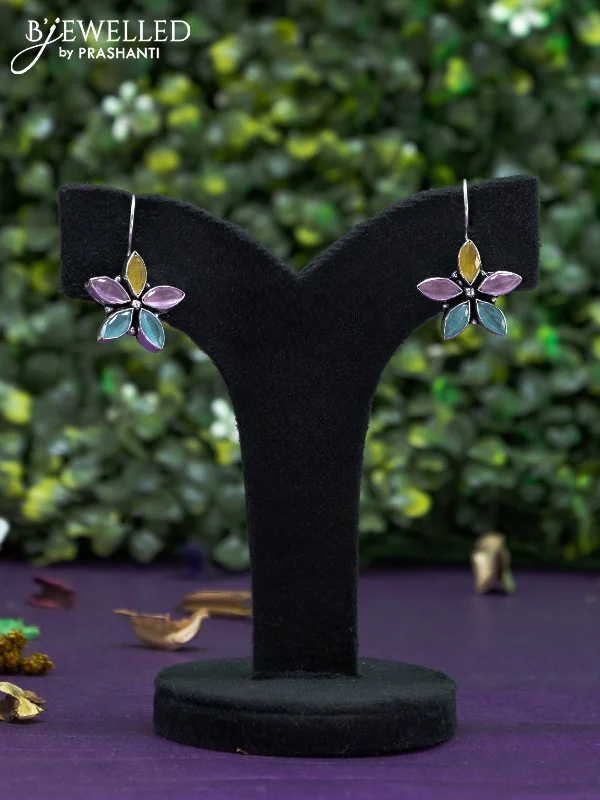 elegant hoop earrings -Oxidised hanging type earring floral design with multi colour stones