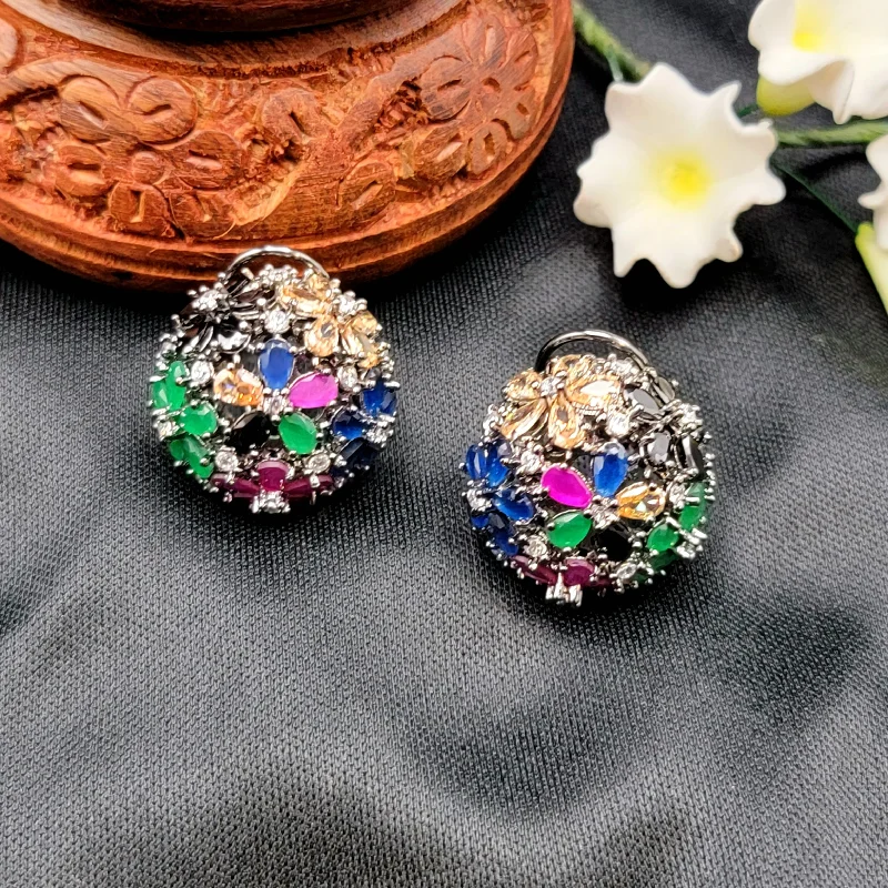 classic dangly earrings for women -Multicolor Floral Victorian AD Zircon Stud Earring