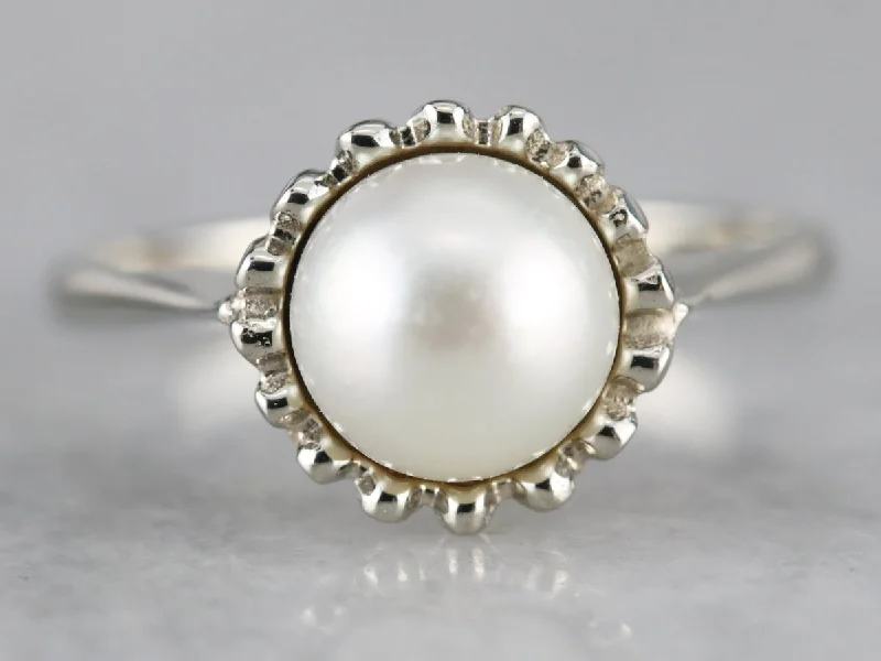 White Pearl Solitaire Ring in White Gold