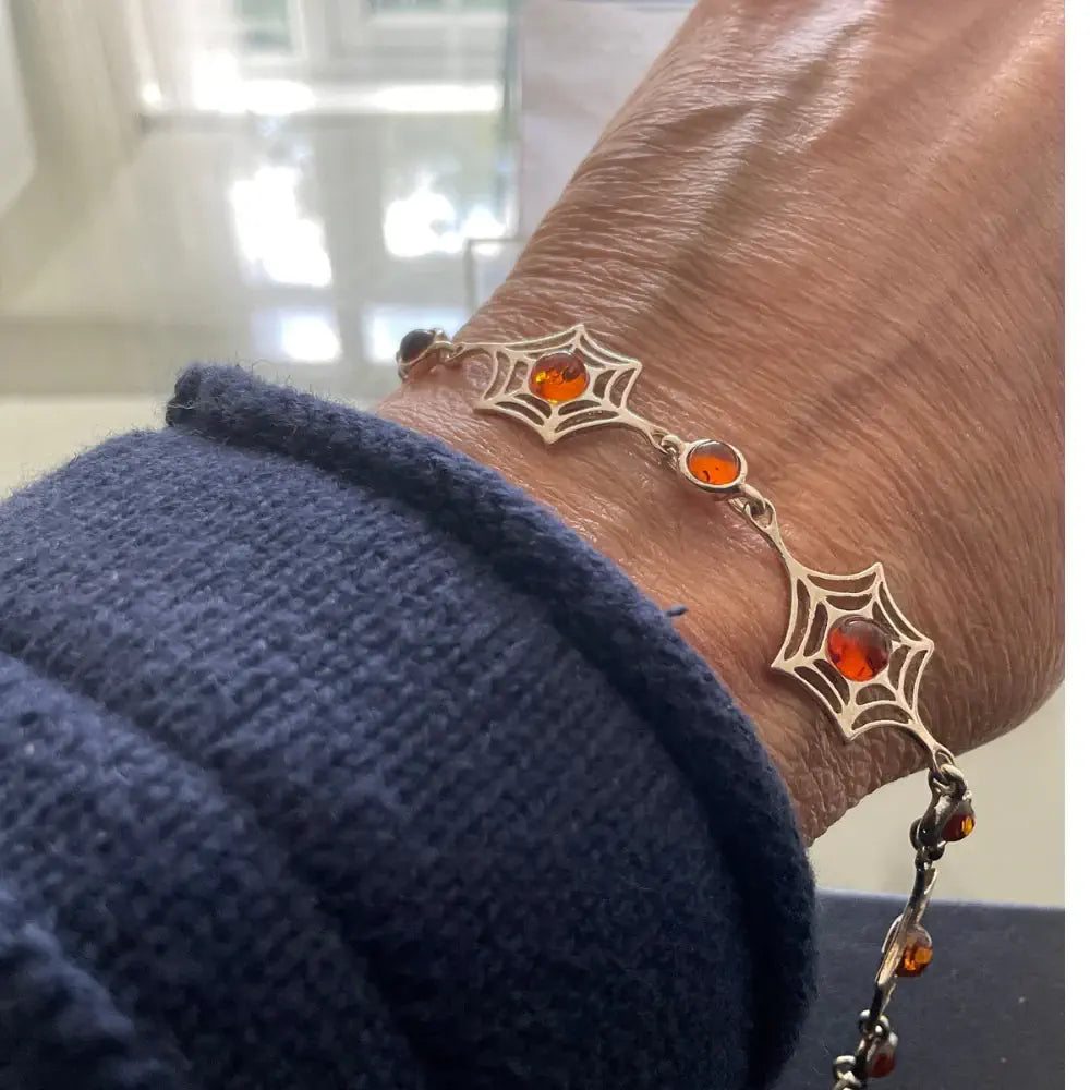 charm bracelets for women -Spiders Web Sterling Silver and Amber Bracelet